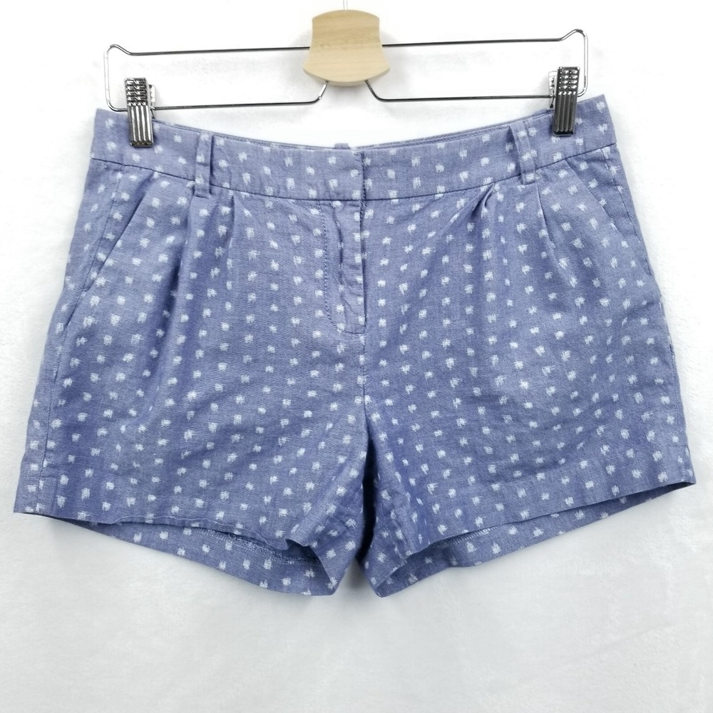 J Crew Micro Shorts Women 30" Blue Polka Dot Cotton Pleated Pockets Beach Preppy